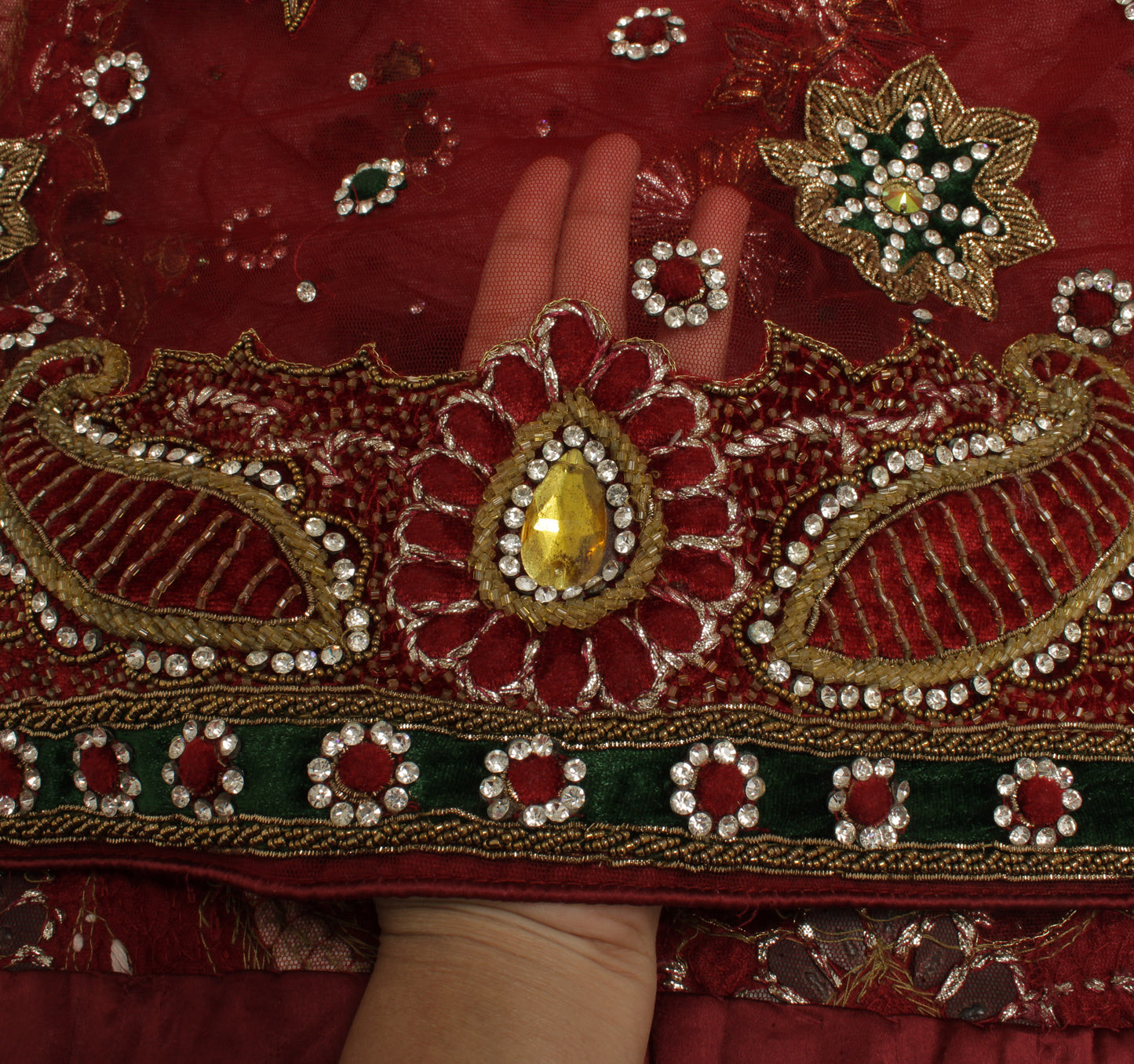 Sushila Vintage Maroon Heavy Dupatta Net Mesh Hand Beaded Long Stole Scarves