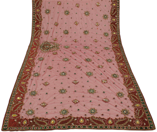 Sushila Vintage Maroon Heavy Dupatta Net Mesh Hand Beaded Long Stole Scarves