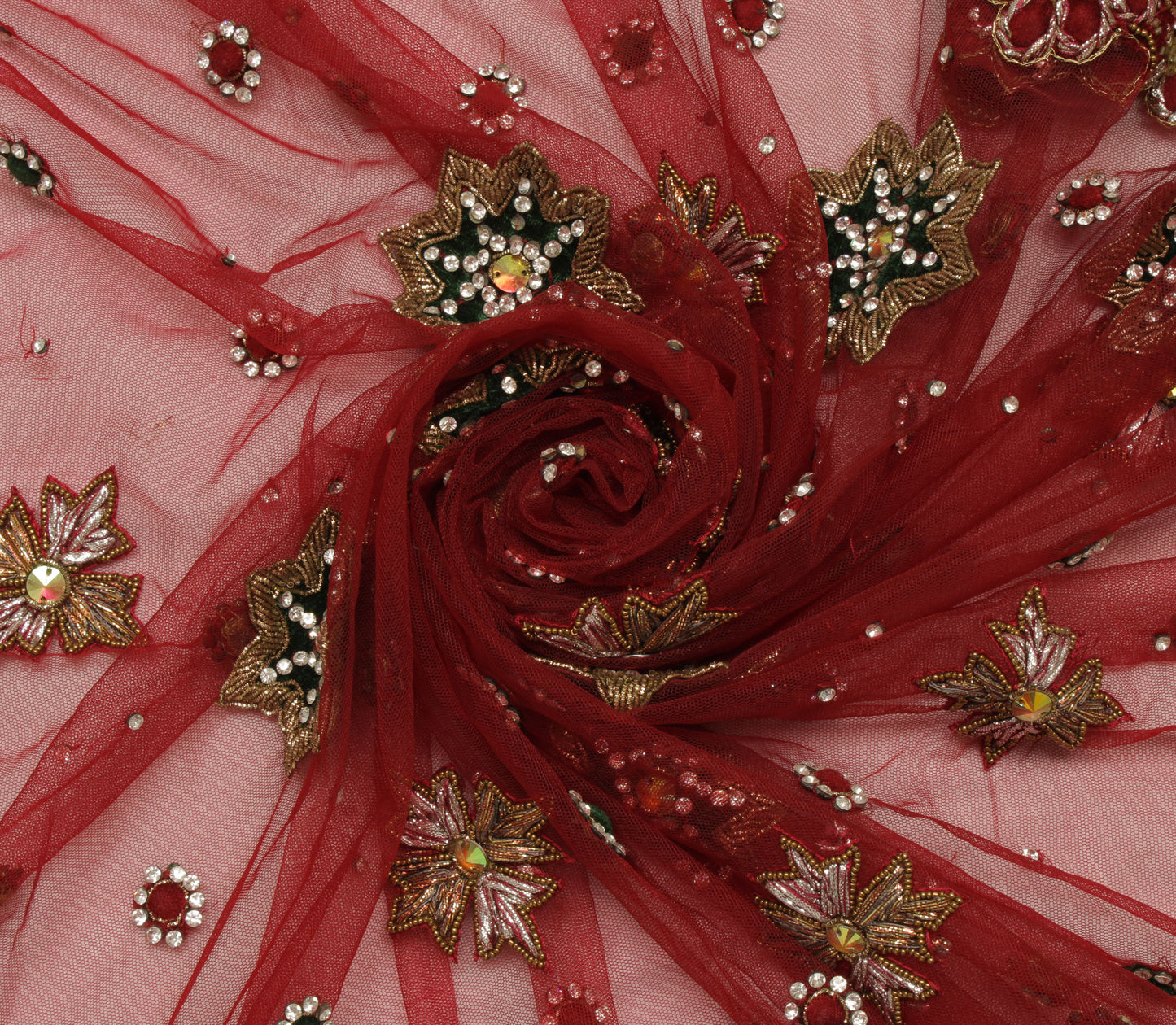 Sushila Vintage Maroon Heavy Dupatta Net Mesh Hand Beaded Long Stole Scarves