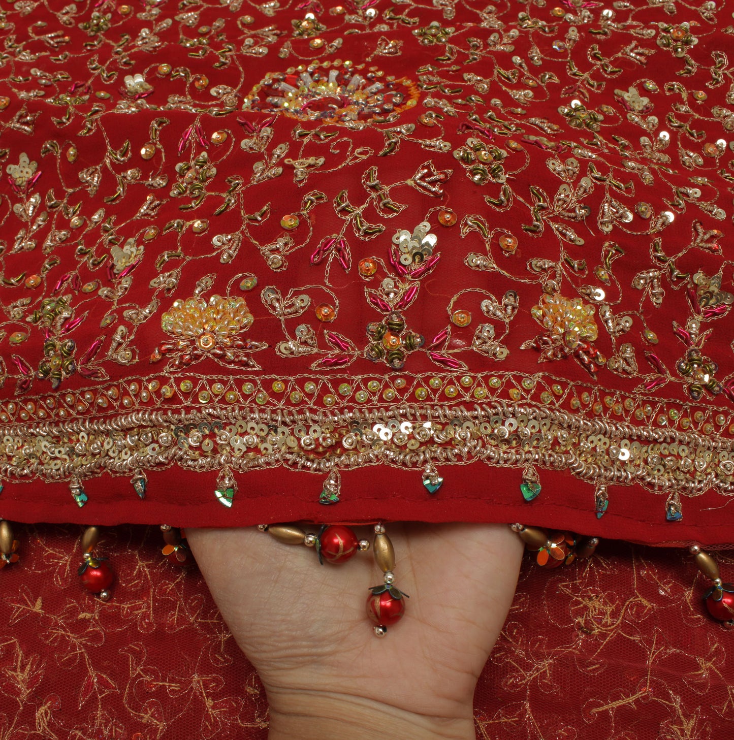 Sushila Vintage Red Heavy Dupatta Blend Georgette Hand Beaded Long Stole Scarves