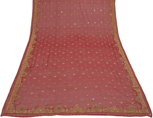 Sushila Vintage Red Dupatta Pure Chiffon Hand Beaded Zardozi Long Stole Scarves