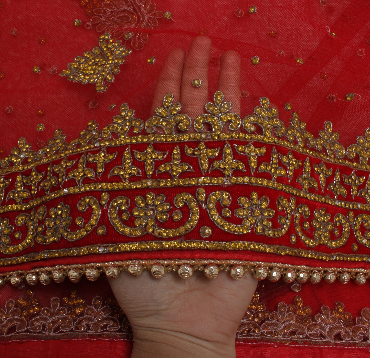 Sushila Vintage Red Indian Heavy Dupatta Net Mesh Embroidered Long Stole Scarves