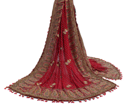 Sushila Vintage Red Heavy Dupatta Pure Georgette Silk Hand Beaded Long Stole
