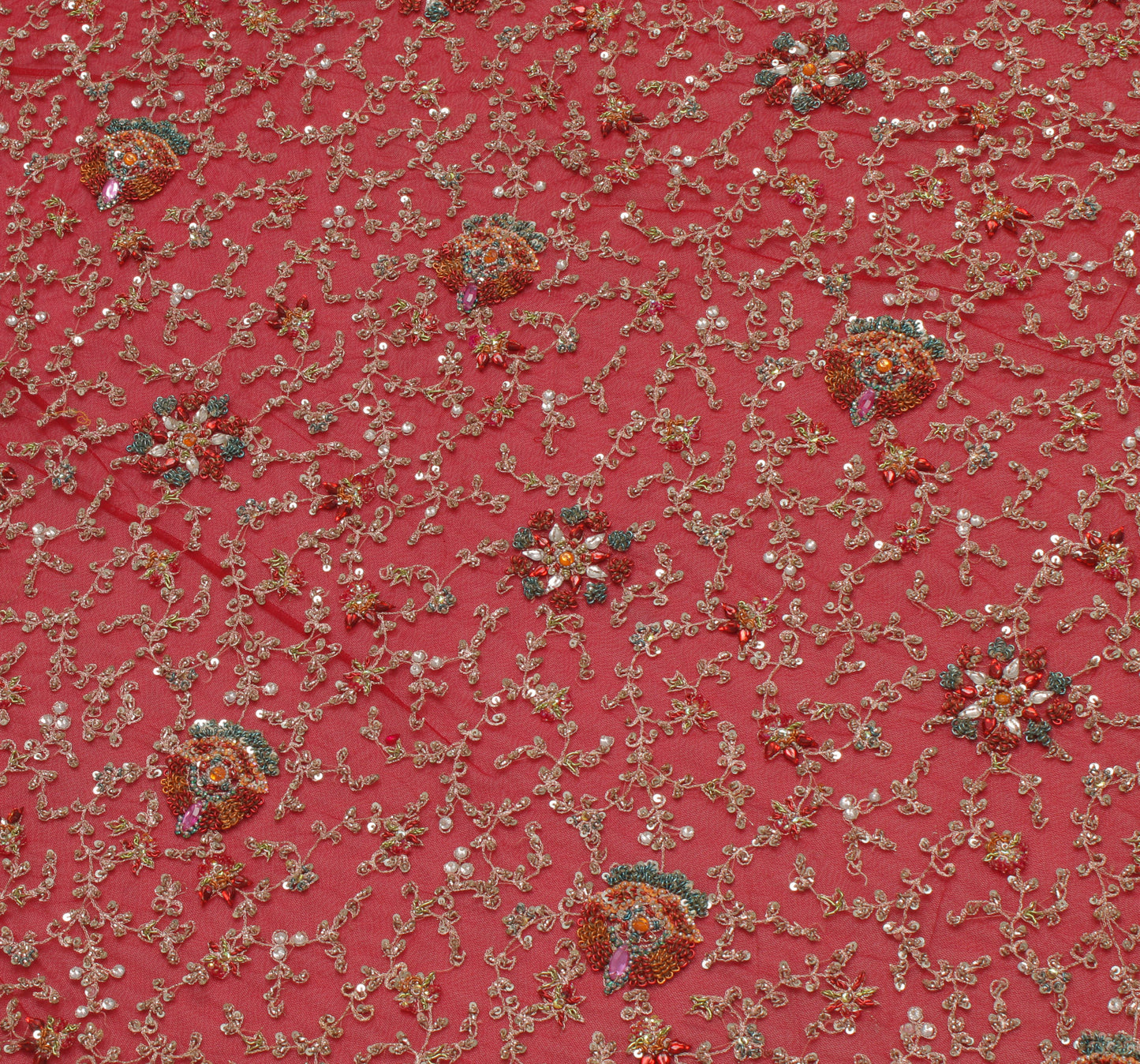 Sushila Vintage Red Heavy Dupatta Net Mesh Hand Beaded Zardozi Long Stole Veil