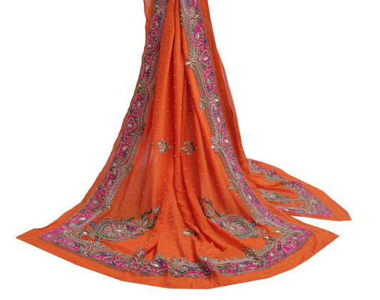 Sushila Vintage Orange Heavy Dupatta Pure Chiffon Silk Hand Beaded Long Stole