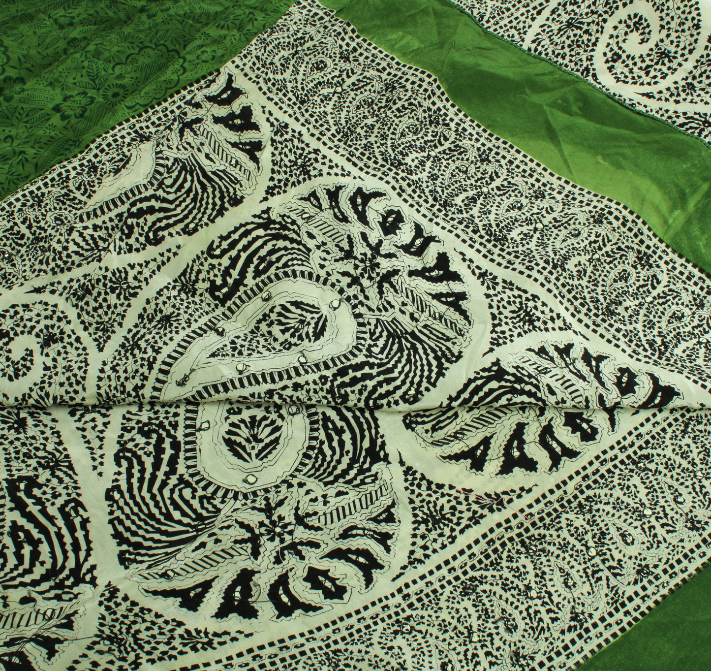Sushila Vintage Dark Green Dupatta 100% Pure Crepe Silk Printed Long Stole Hijab