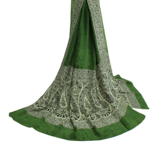 Sushila Vintage Dark Green Dupatta 100% Pure Crepe Silk Printed Long Stole Hijab