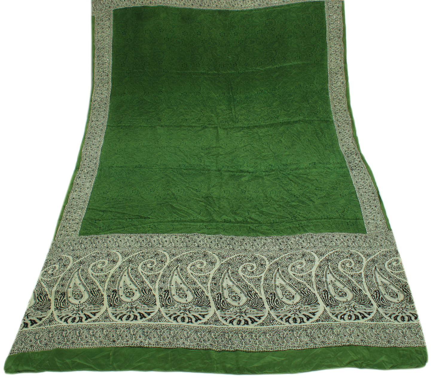 Sushila Vintage Dark Green Dupatta 100% Pure Crepe Silk Printed Long Stole Hijab