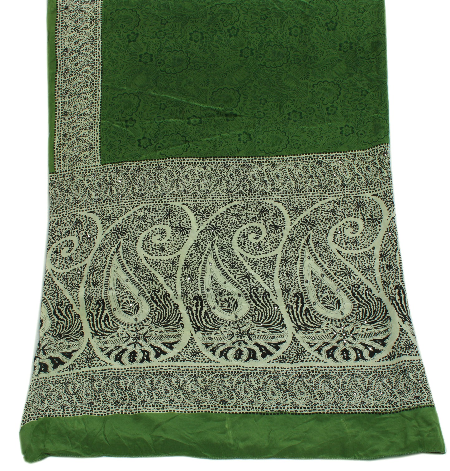 Sushila Vintage Dark Green Dupatta 100% Pure Crepe Silk Printed Long Stole Hijab