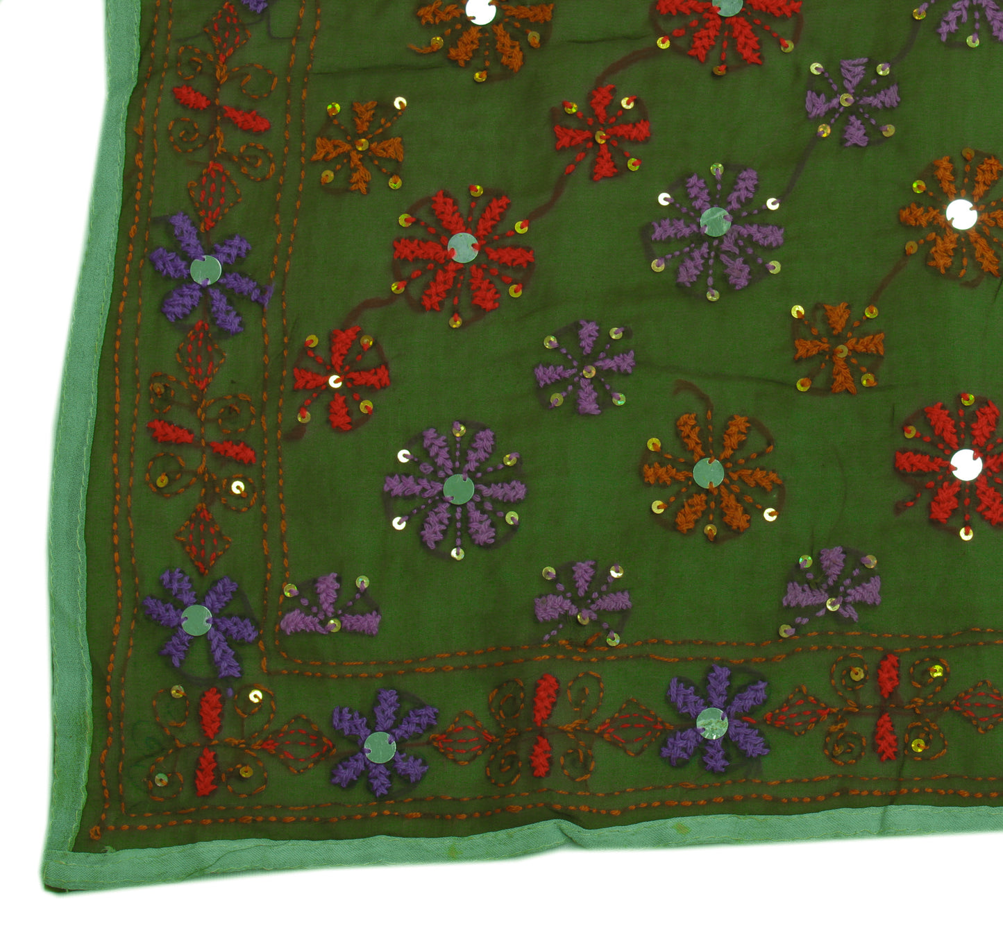 Sushila Vintage Green Dupatta Pure Georgette Phulkari Embroidered Long Stole