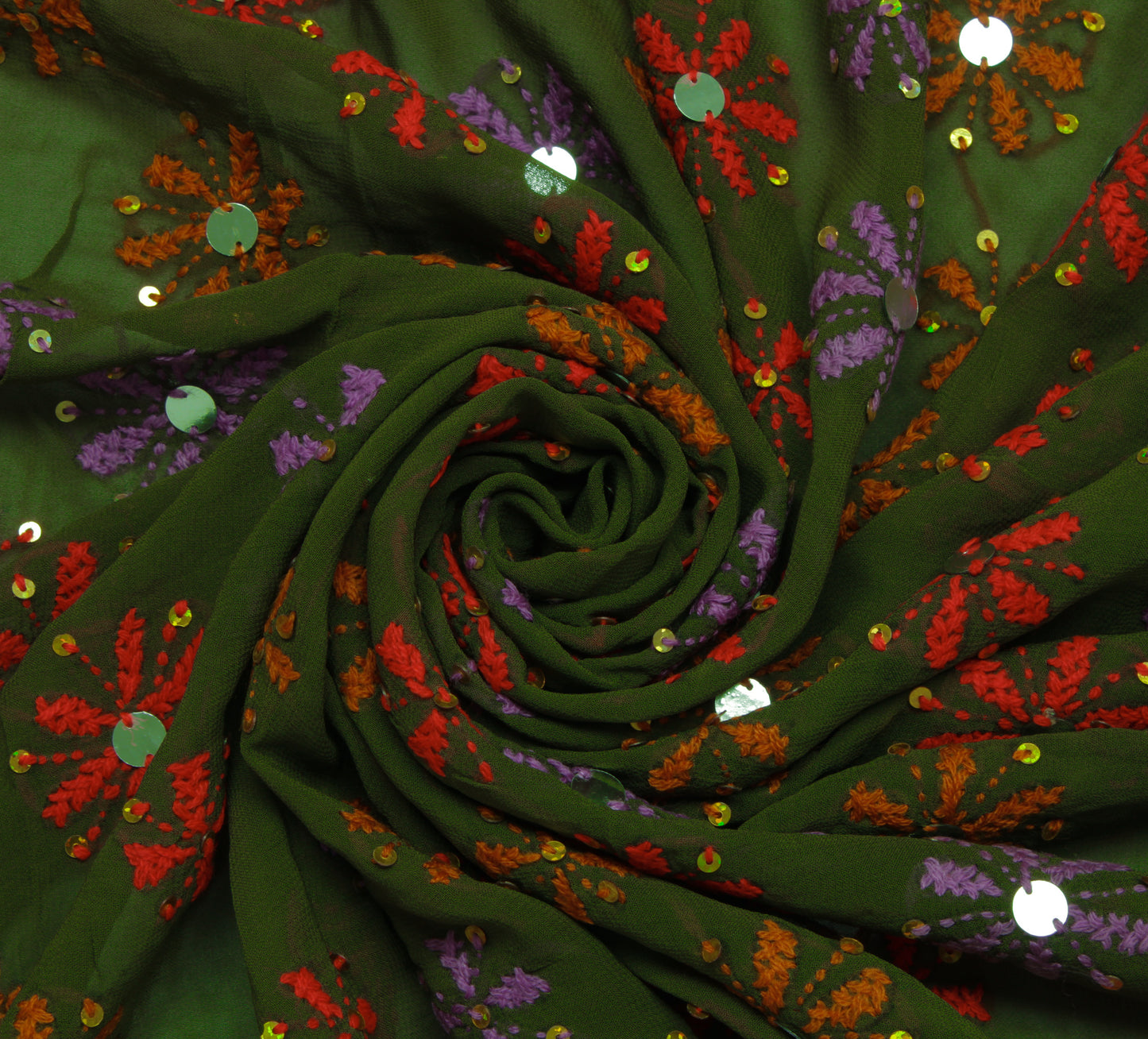 Sushila Vintage Green Dupatta Pure Georgette Phulkari Embroidered Long Stole