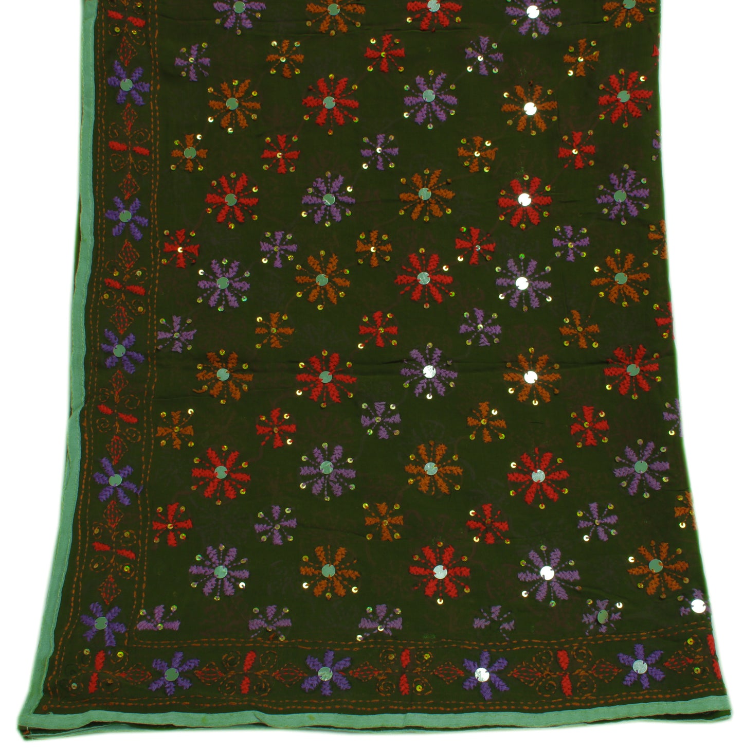 Sushila Vintage Green Dupatta Pure Georgette Phulkari Embroidered Long Stole