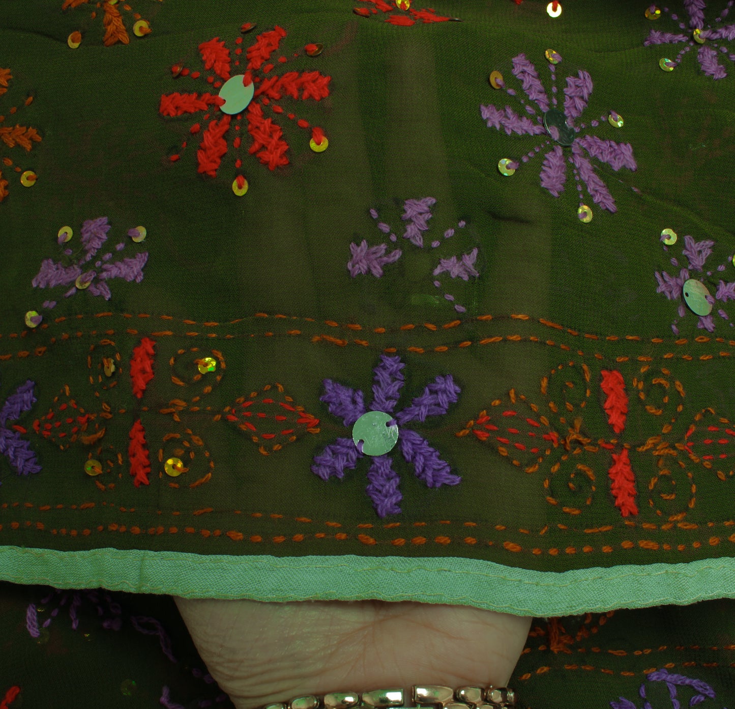 Sushila Vintage Green Dupatta Pure Georgette Phulkari Embroidered Long Stole