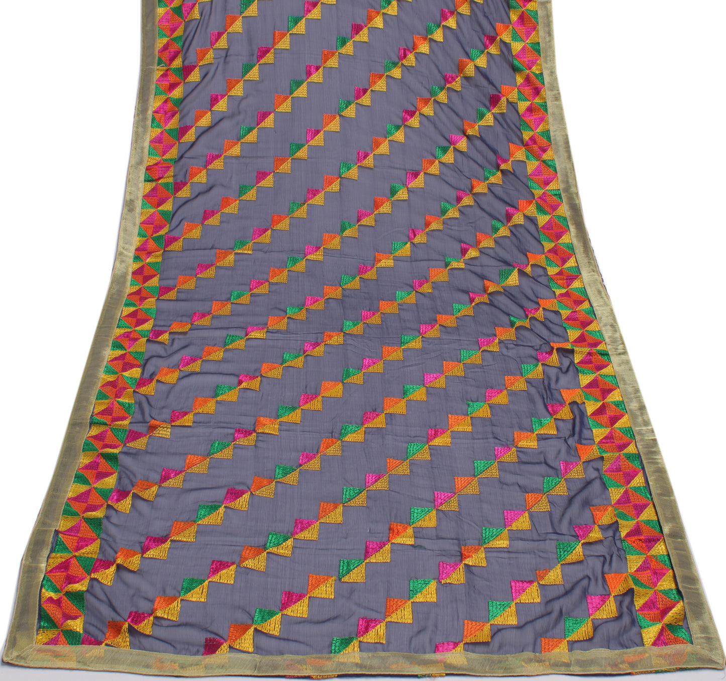 Sushila Vintage Blue Dupatta Blend Chiffon Silk Phulkari Embroidered Long Stole