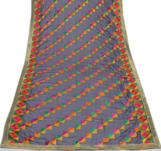 Sushila Vintage Blue Dupatta Blend Chiffon Silk Phulkari Embroidered Long Stole
