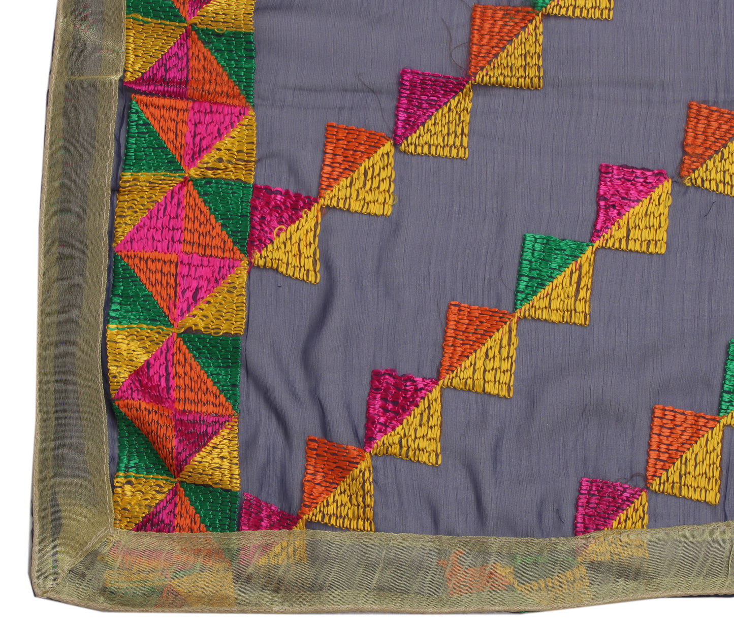 Sushila Vintage Blue Dupatta Blend Chiffon Silk Phulkari Embroidered Long Stole