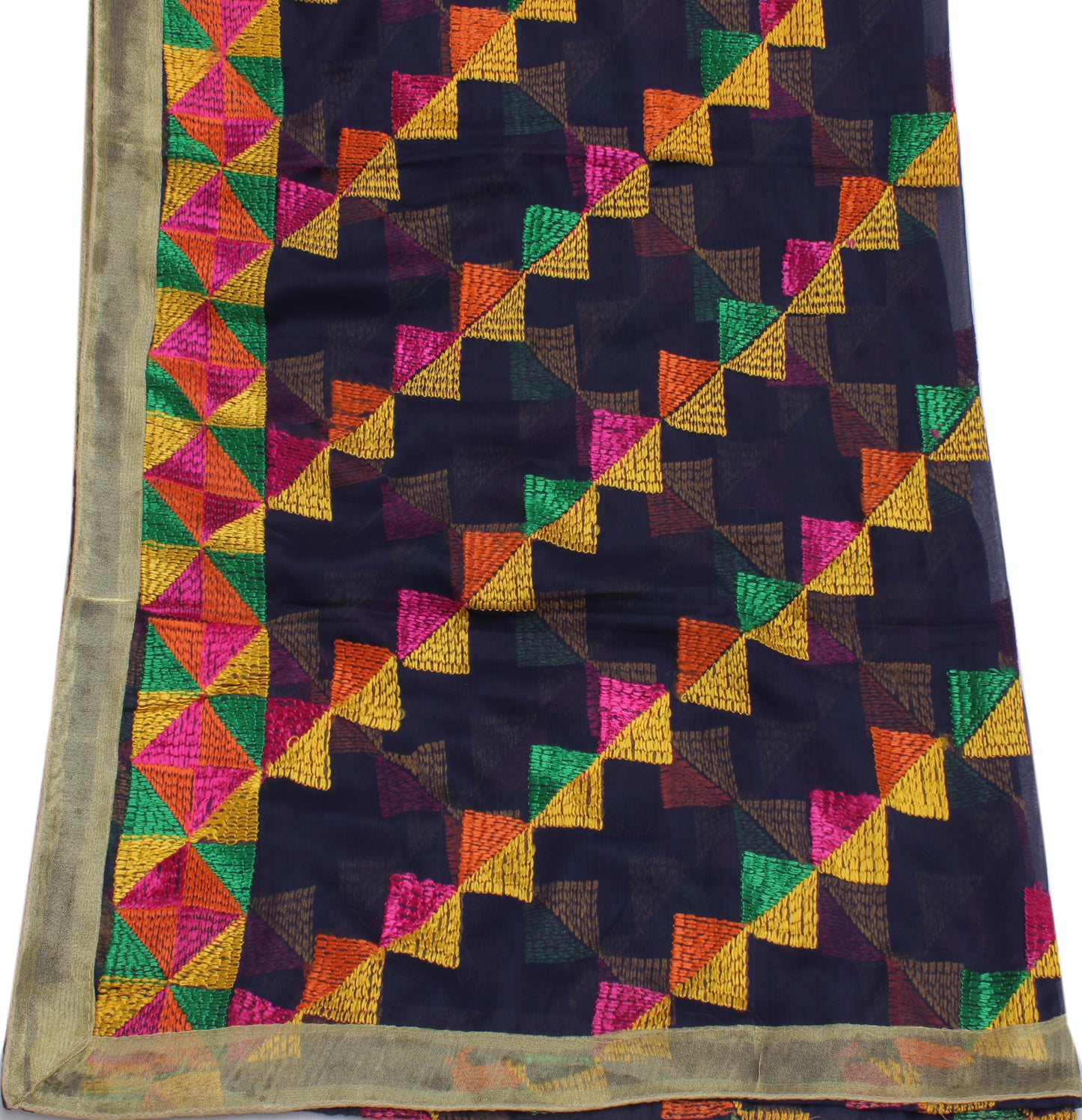 Sushila Vintage Blue Dupatta Blend Chiffon Silk Phulkari Embroidered Long Stole