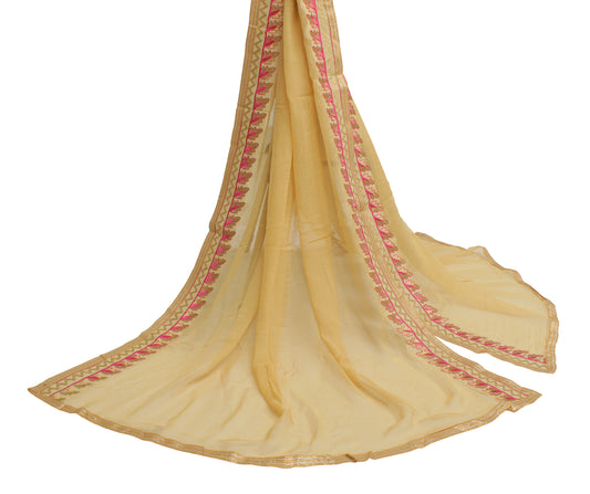 Sushila Vintage Cream Dupatta 100% Pure Chiffon Silk Embroidered Long Stole Veil