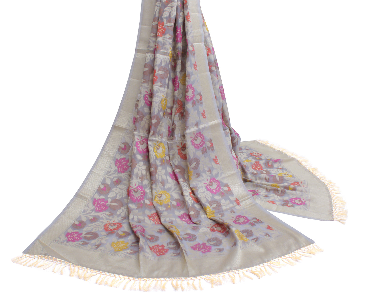 Sushila Vintage Gray Indian Dupatta Blend Silk Woven Long Stole Hijab Scarves