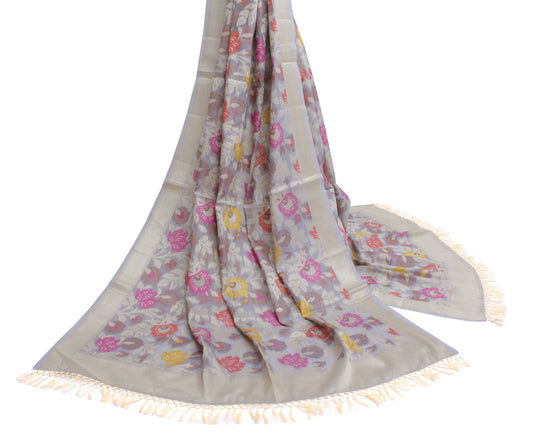 Sushila Vintage Gray Indian Dupatta Blend Silk Woven Long Stole Hijab Scarves