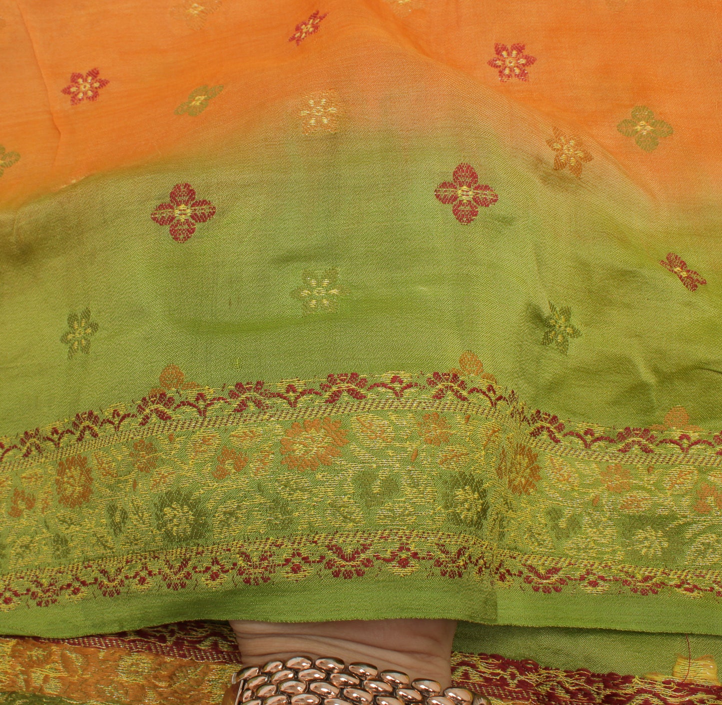 Sushila Vintage Orange Indian Dupatta 100% Pure Silk Woven Long Stole Scarves