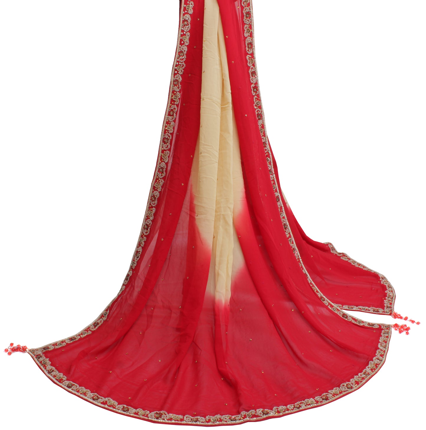 Sushila Vintage Cream Dupatta Pure Georgette Silk Hand Beaded Zardozi Long Stole