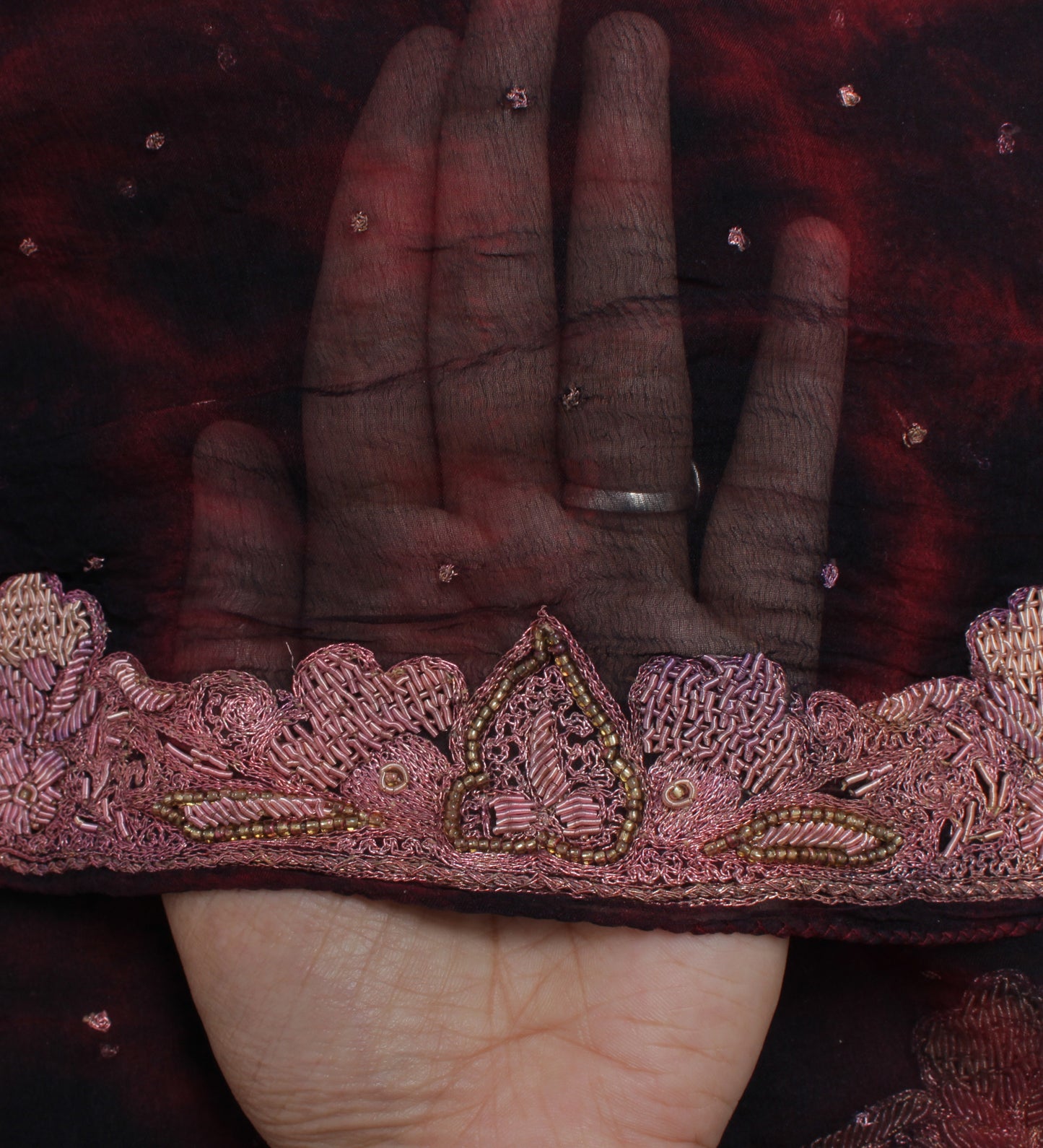 Sushila Vintage Maroon Tie-Dye Dupatta Pure Chiffon Silk Hand Beaded Long Stole