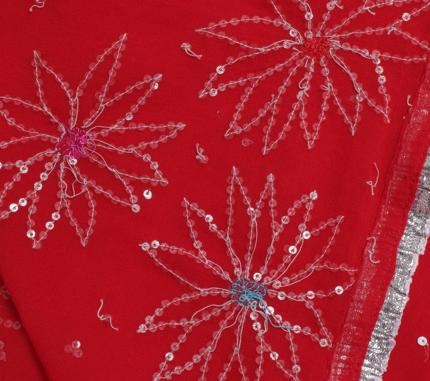 Sushila Vintage Red Dupatta Pure Georgette Silk Sequins Embroidered Long Stole