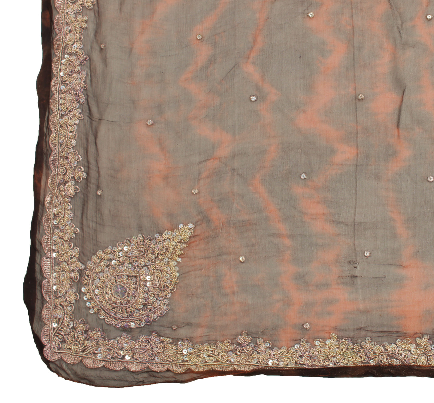 Sushila Vintage Brown Tie-Dye Dupatta Pure Chiffon Silk Hand Beaded Long Stole