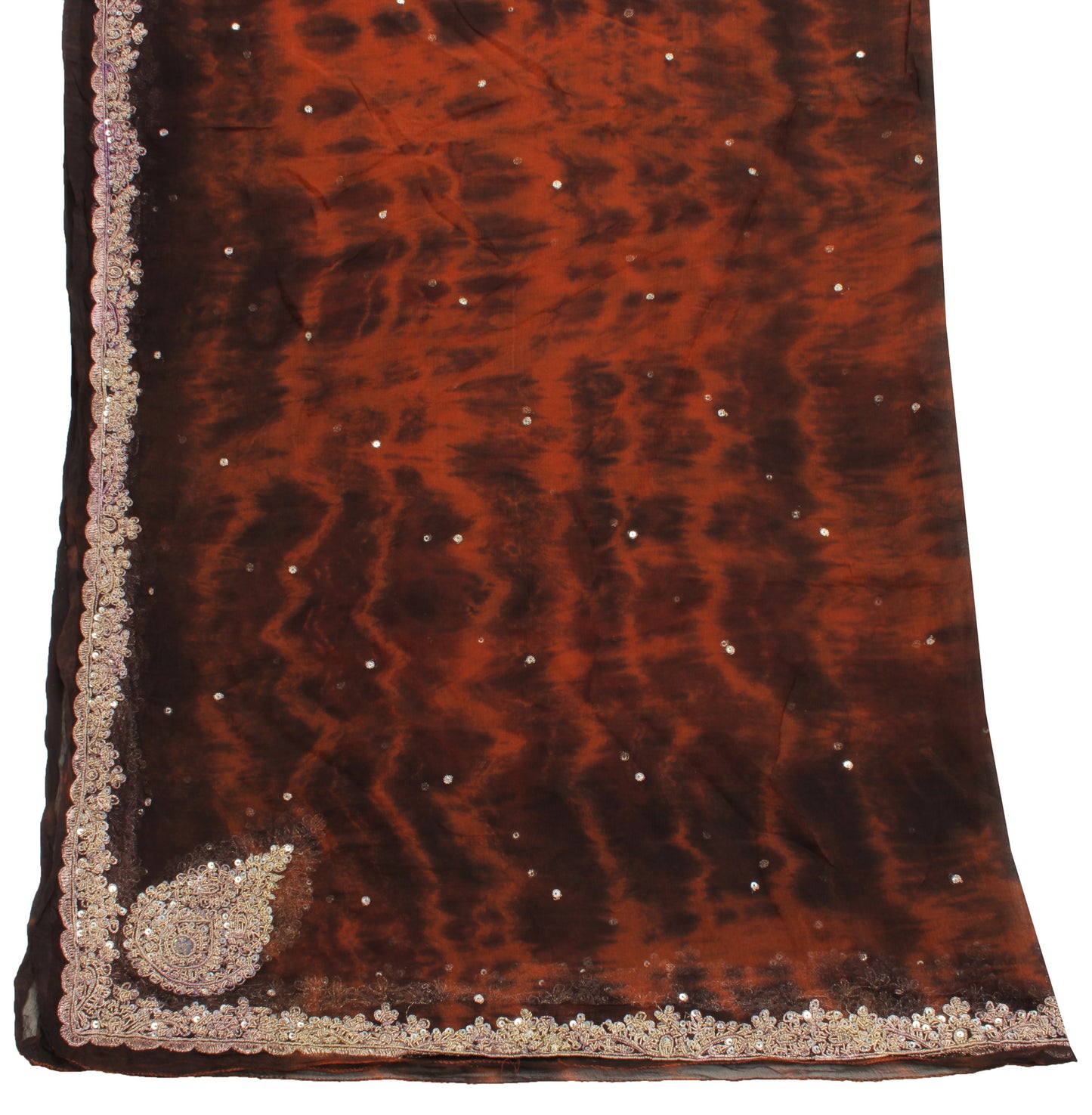 Sushila Vintage Brown Tie-Dye Dupatta Pure Chiffon Silk Hand Beaded Long Stole