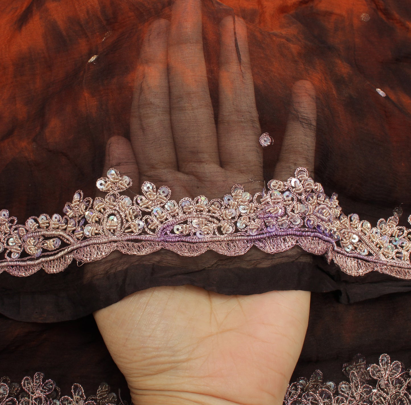 Sushila Vintage Brown Tie-Dye Dupatta Pure Chiffon Silk Hand Beaded Long Stole