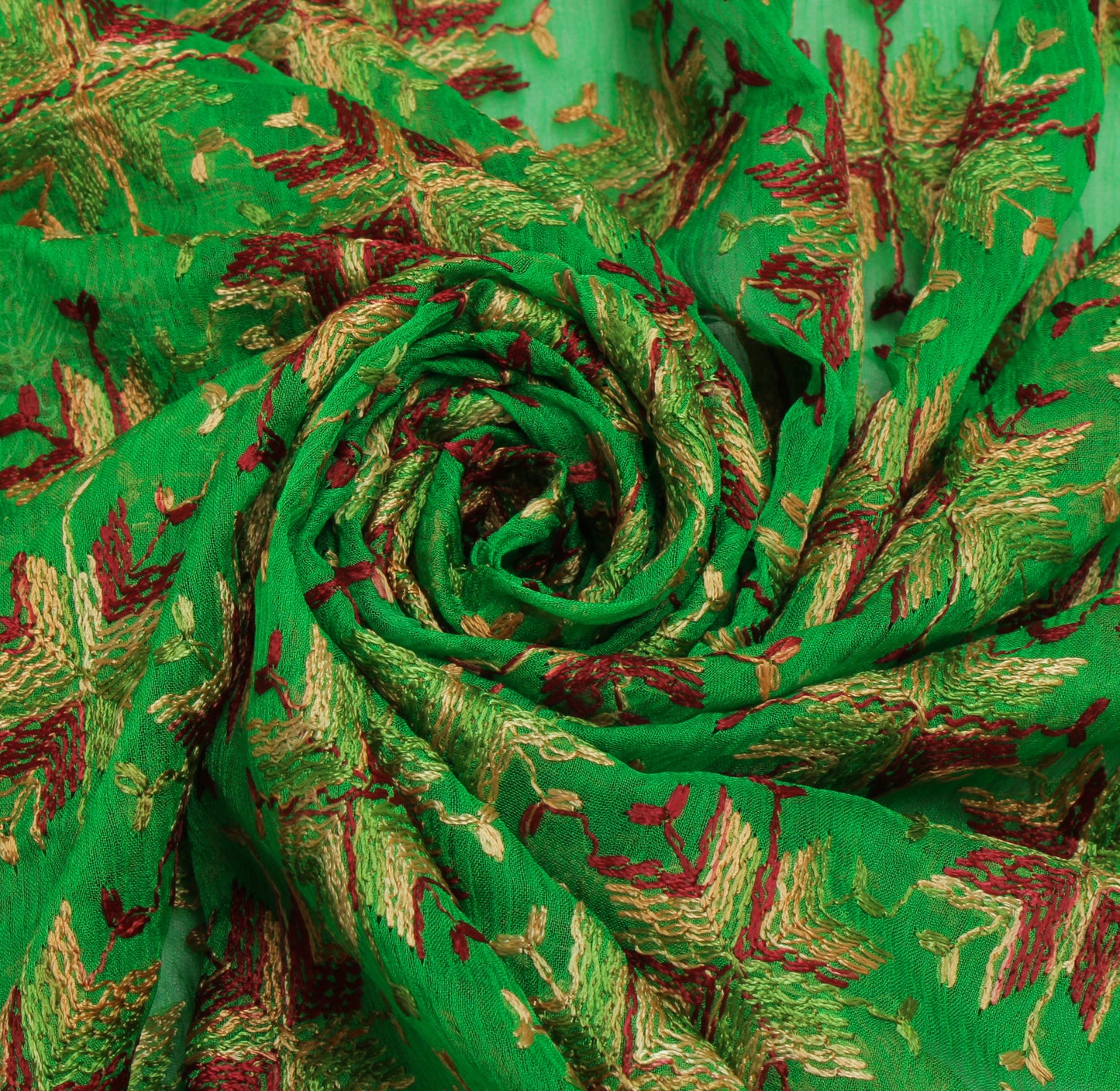 Sushila Vintage Green Dupatta Blend Chiffon Silk Phulkari Embroidered Long Stole