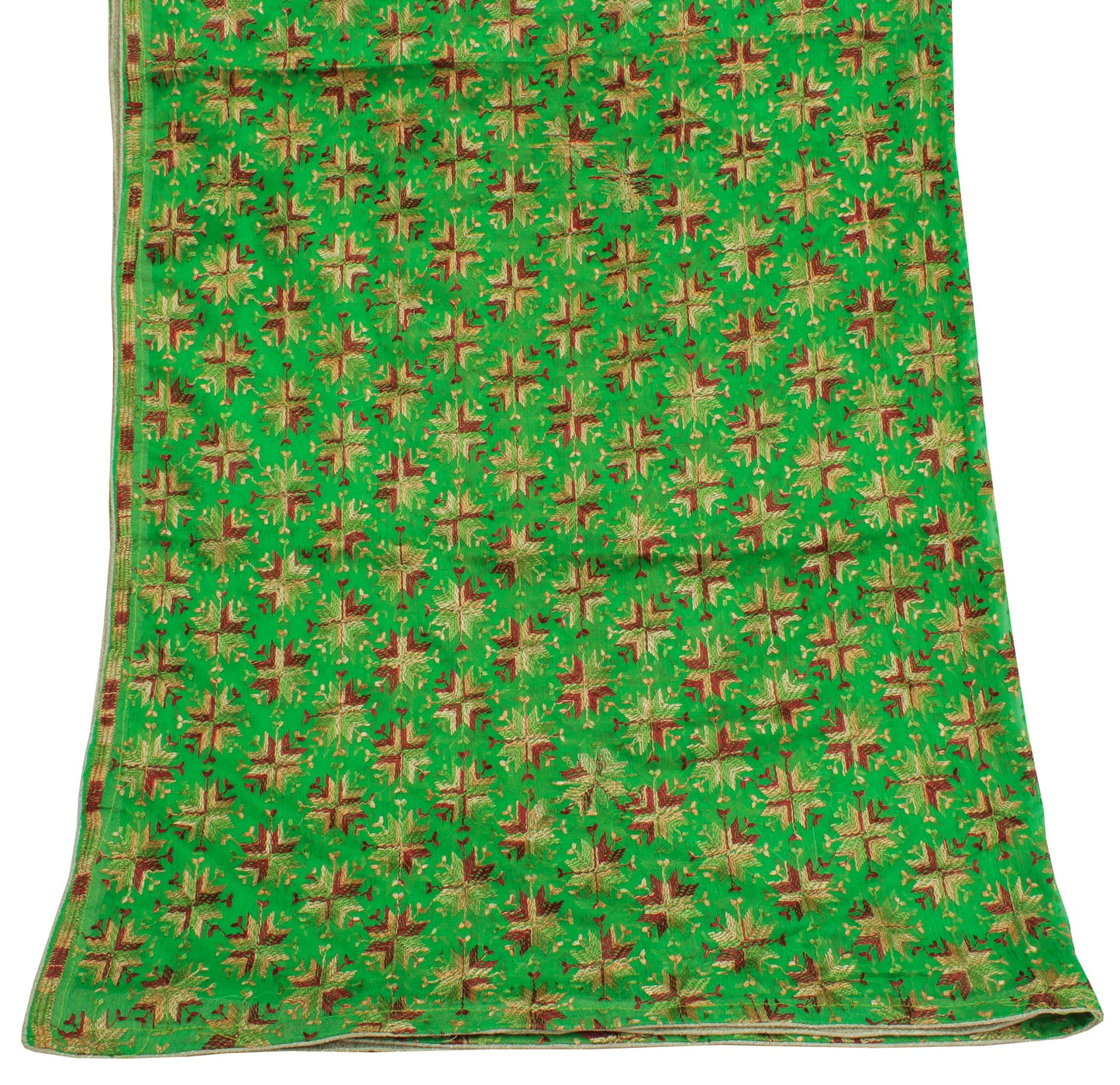 Sushila Vintage Green Dupatta Blend Chiffon Silk Phulkari Embroidered Long Stole