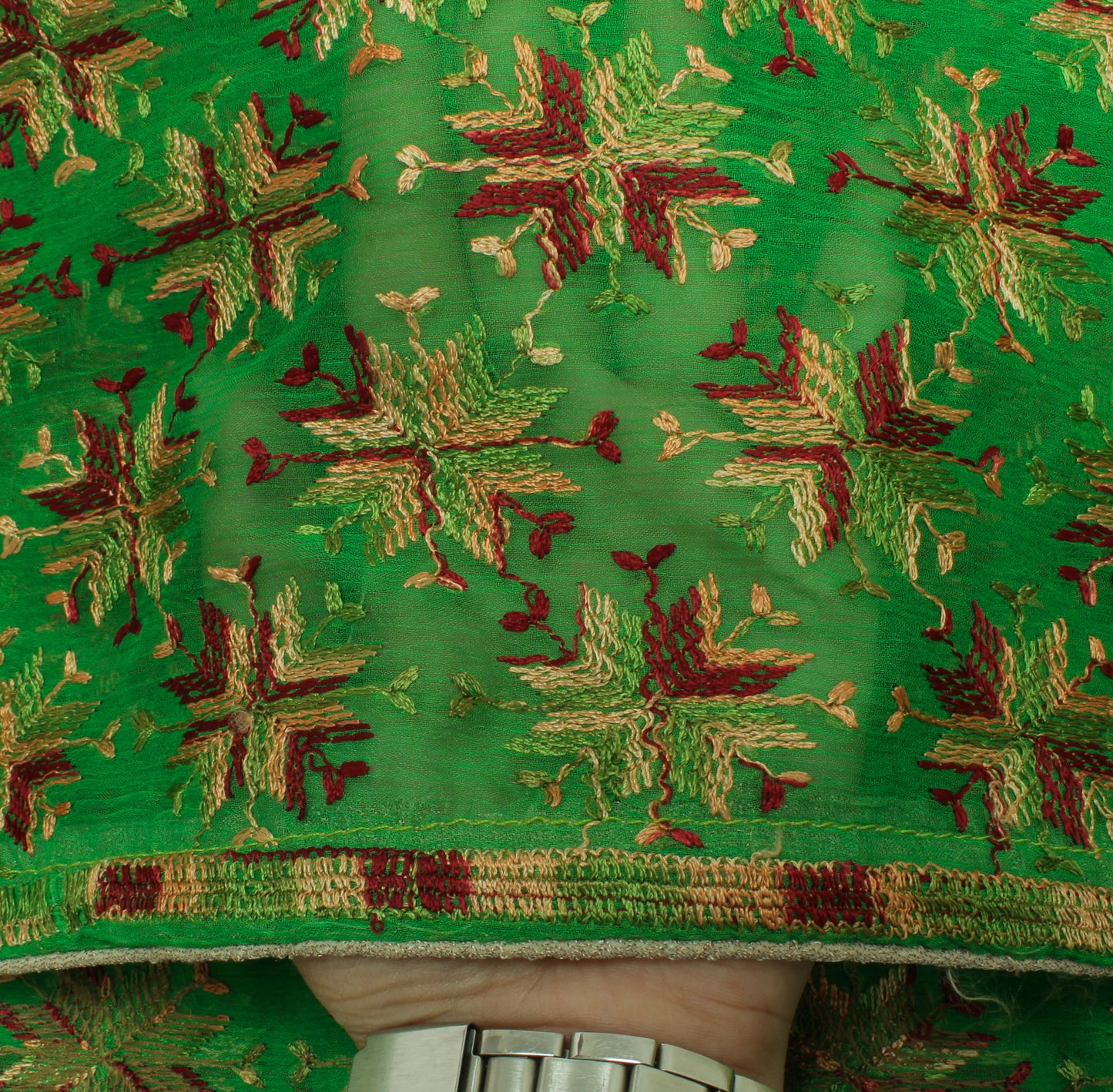 Sushila Vintage Green Dupatta Blend Chiffon Silk Phulkari Embroidered Long Stole