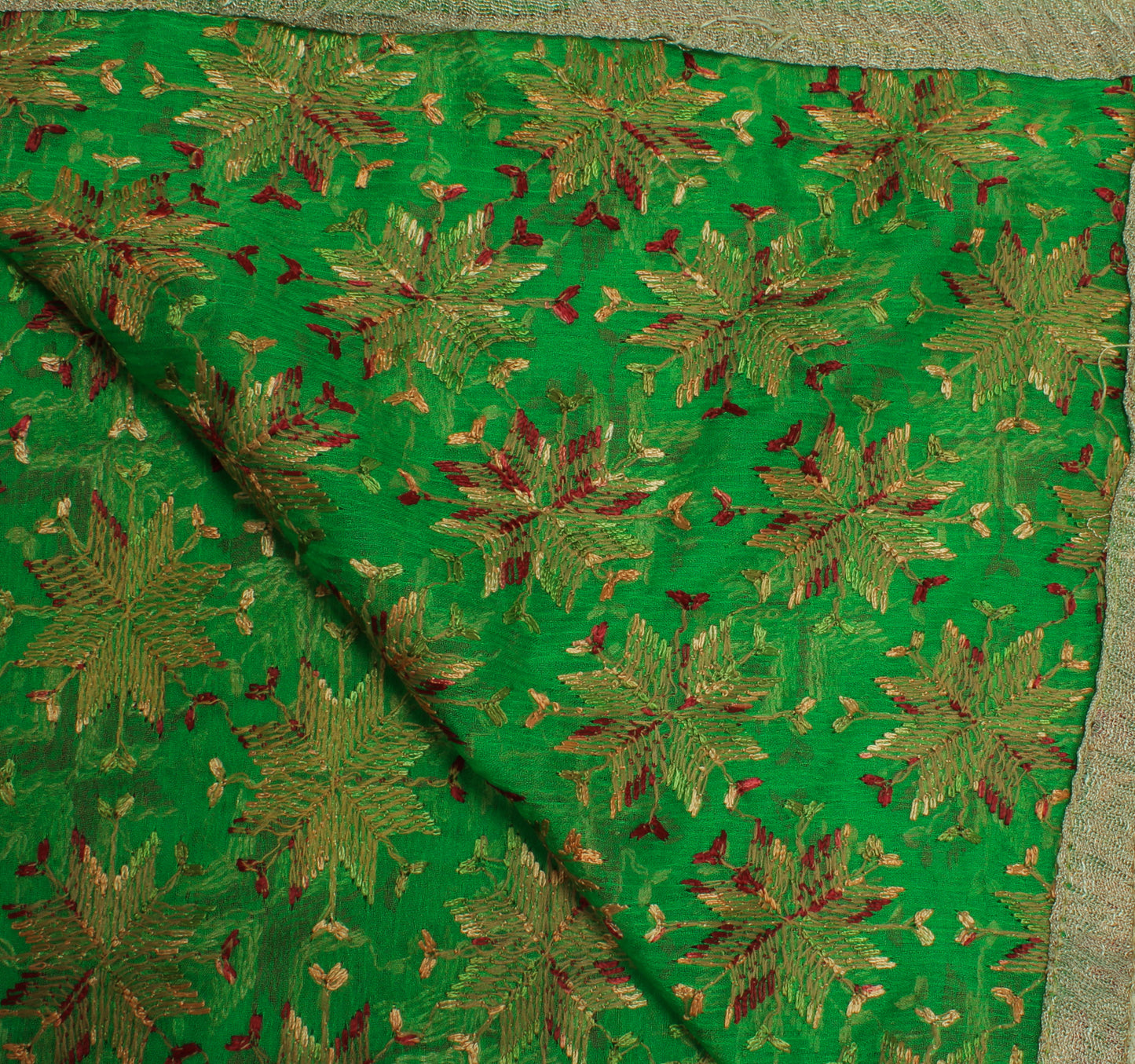 Sushila Vintage Green Dupatta Blend Chiffon Silk Phulkari Embroidered Long Stole