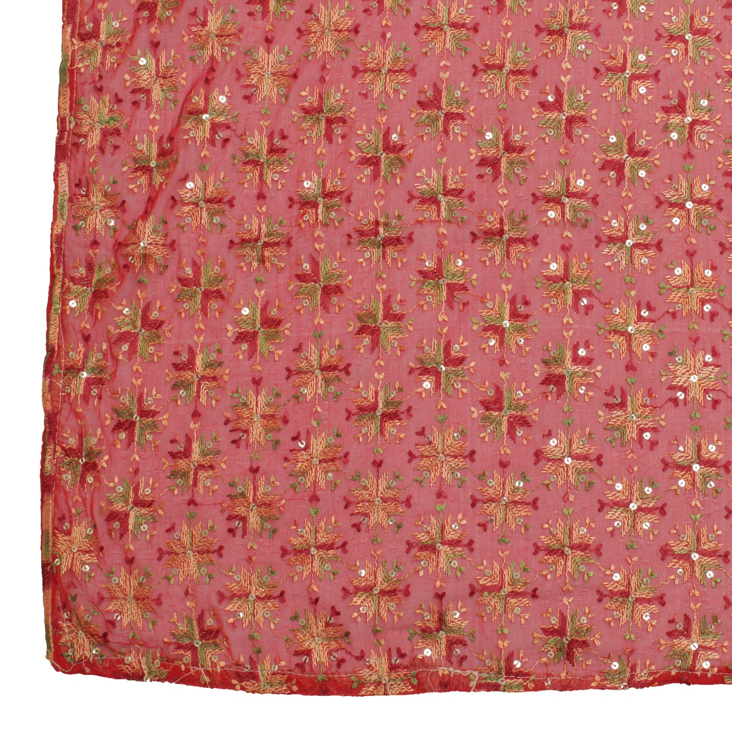 Sushila Vintage Red Dupatta Blend Chiffon Silk Phulkari Embroidered Long Stole