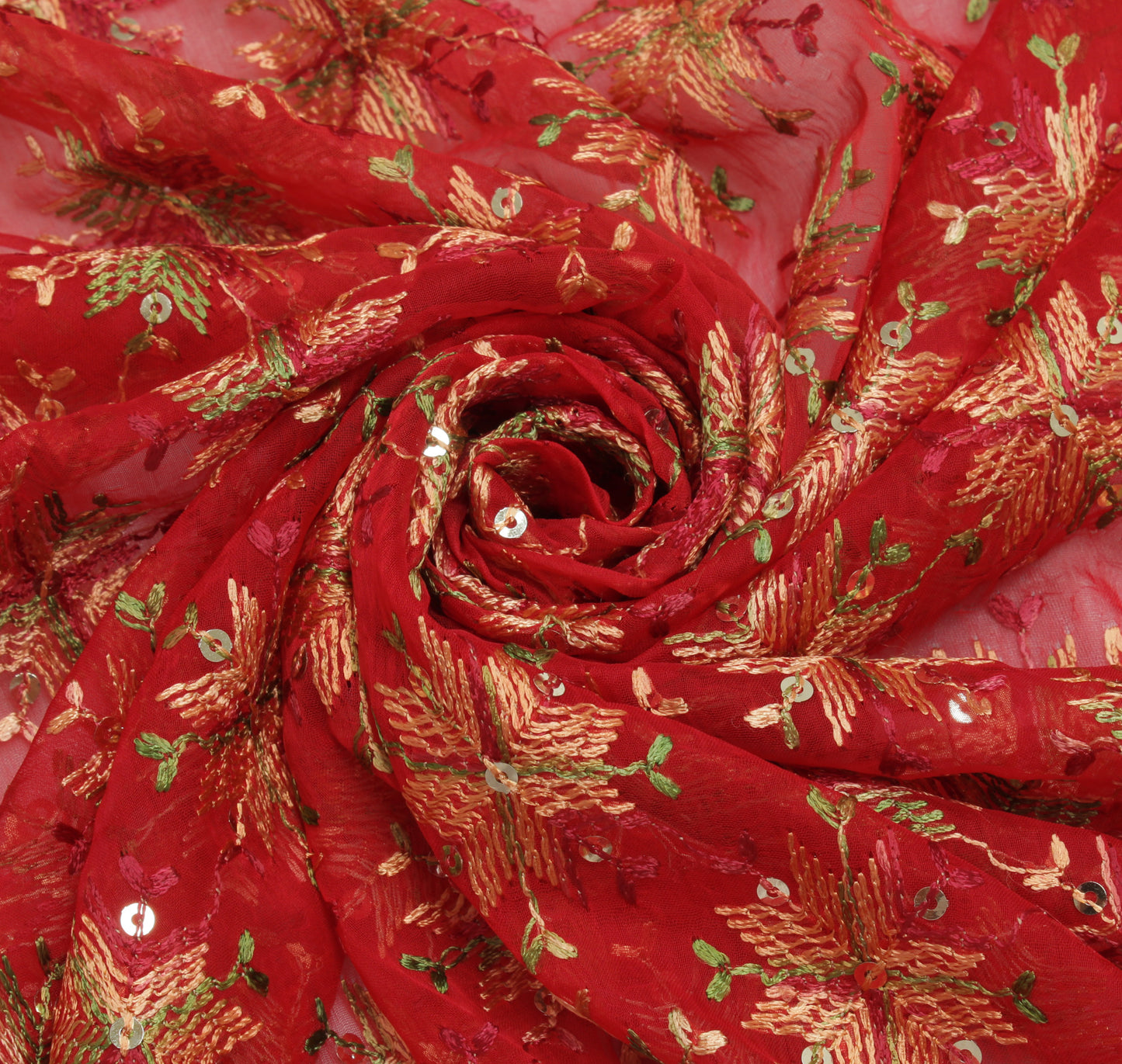 Sushila Vintage Red Dupatta Blend Chiffon Silk Phulkari Embroidered Long Stole