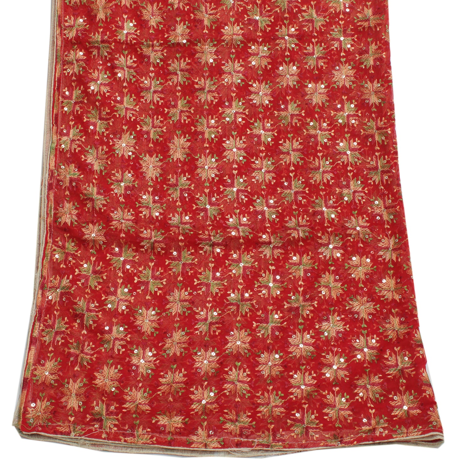 Sushila Vintage Red Dupatta Blend Chiffon Silk Phulkari Embroidered Long Stole