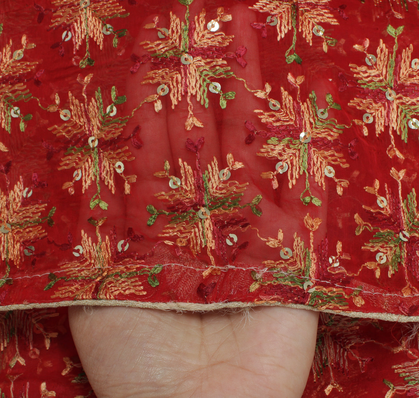 Sushila Vintage Red Dupatta Blend Chiffon Silk Phulkari Embroidered Long Stole