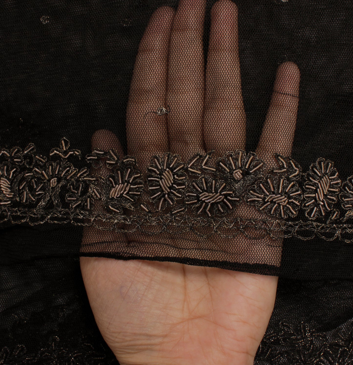 Sushila Vintage Black Indian Dupatta Net Mesh Hand Beaded Long Stole Hijab