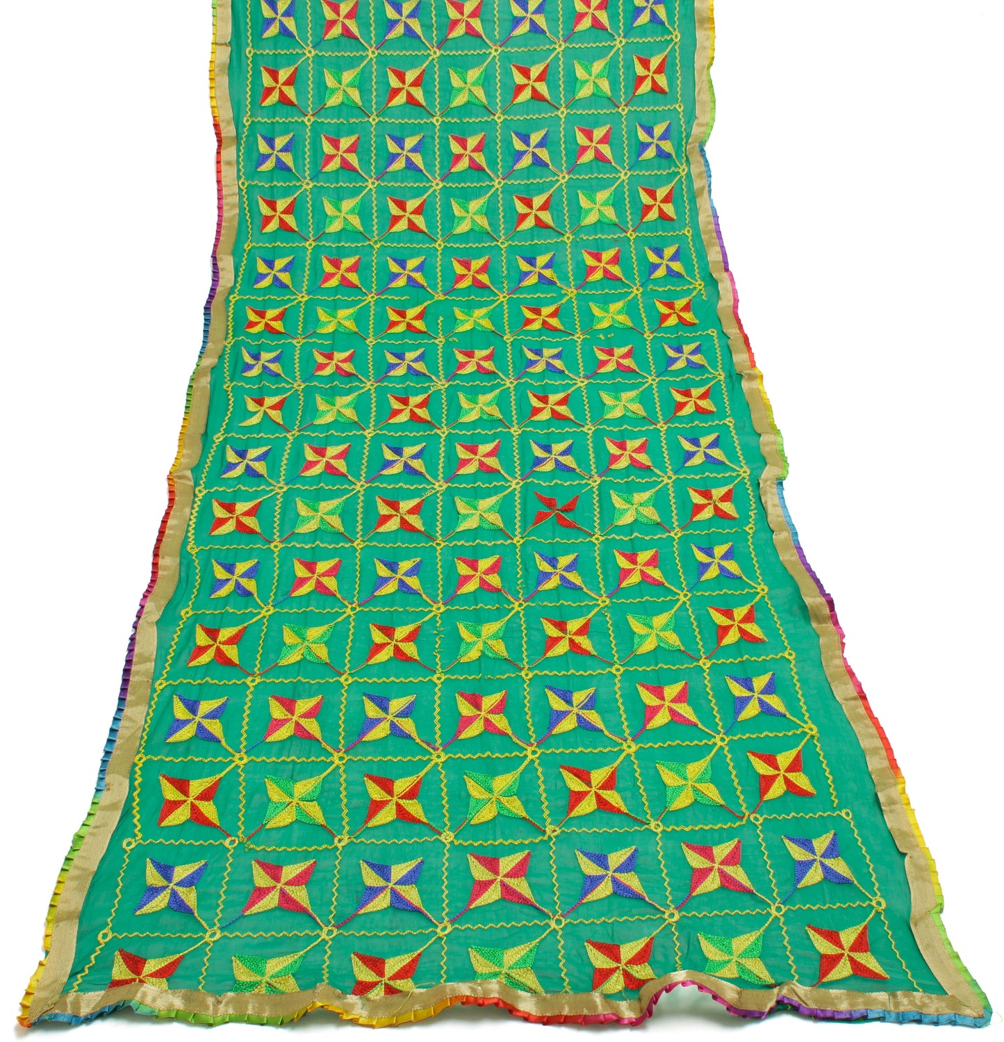 Sushila Vintage Green Dupatta Blend Chiffon Silk Phulkari Embroidered Long Stole