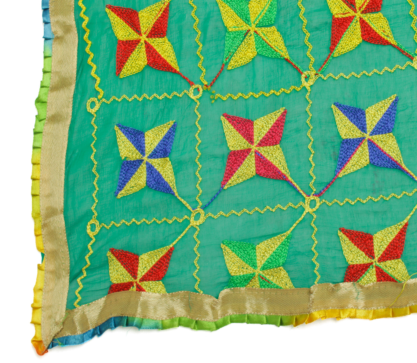 Sushila Vintage Green Dupatta Blend Chiffon Silk Phulkari Embroidered Long Stole