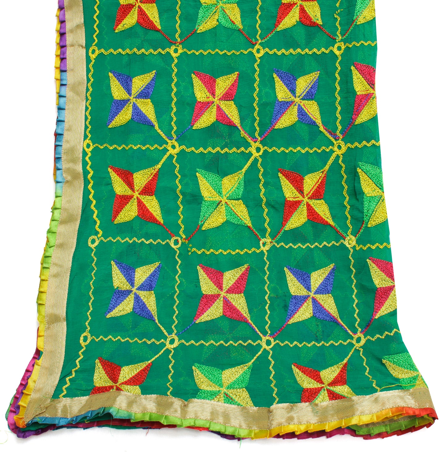 Sushila Vintage Green Dupatta Blend Chiffon Silk Phulkari Embroidered Long Stole