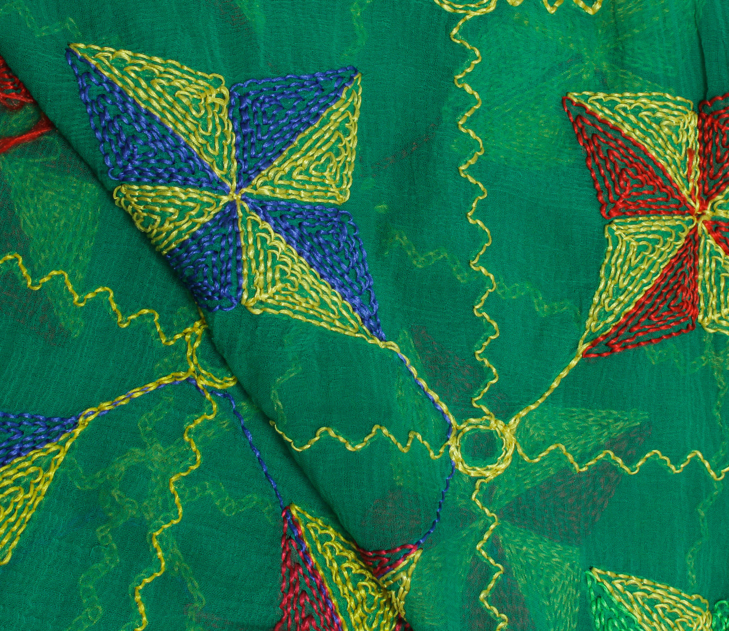 Sushila Vintage Green Dupatta Blend Chiffon Silk Phulkari Embroidered Long Stole