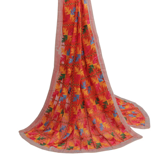 Sushila Vintage Orange Dupatta Blend Chiffon Phulkari Embroidered Long Stole