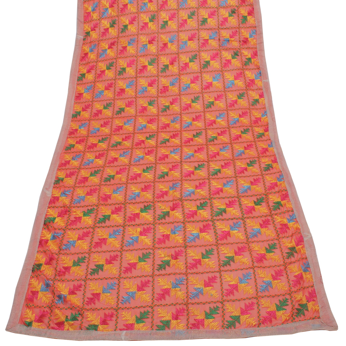 Sushila Vintage Orange Dupatta Blend Chiffon Phulkari Embroidered Long Stole