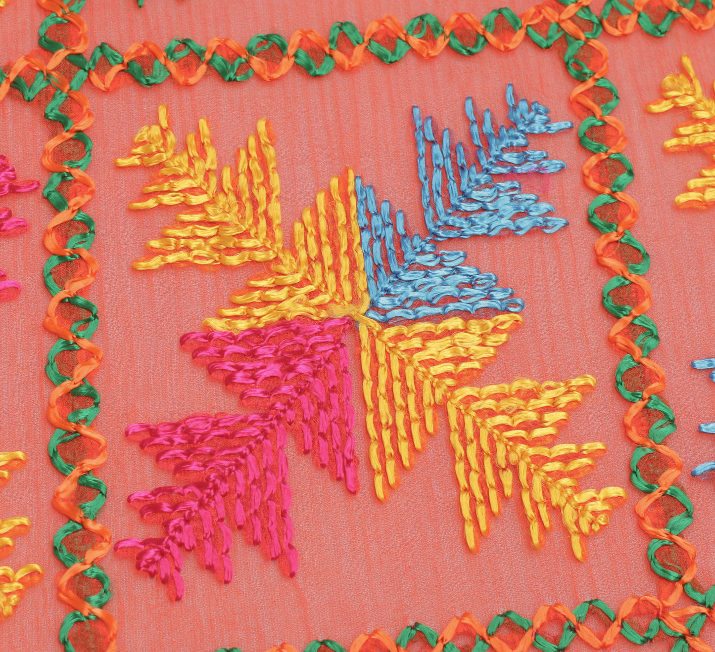 Sushila Vintage Orange Dupatta Blend Chiffon Phulkari Embroidered Long Stole