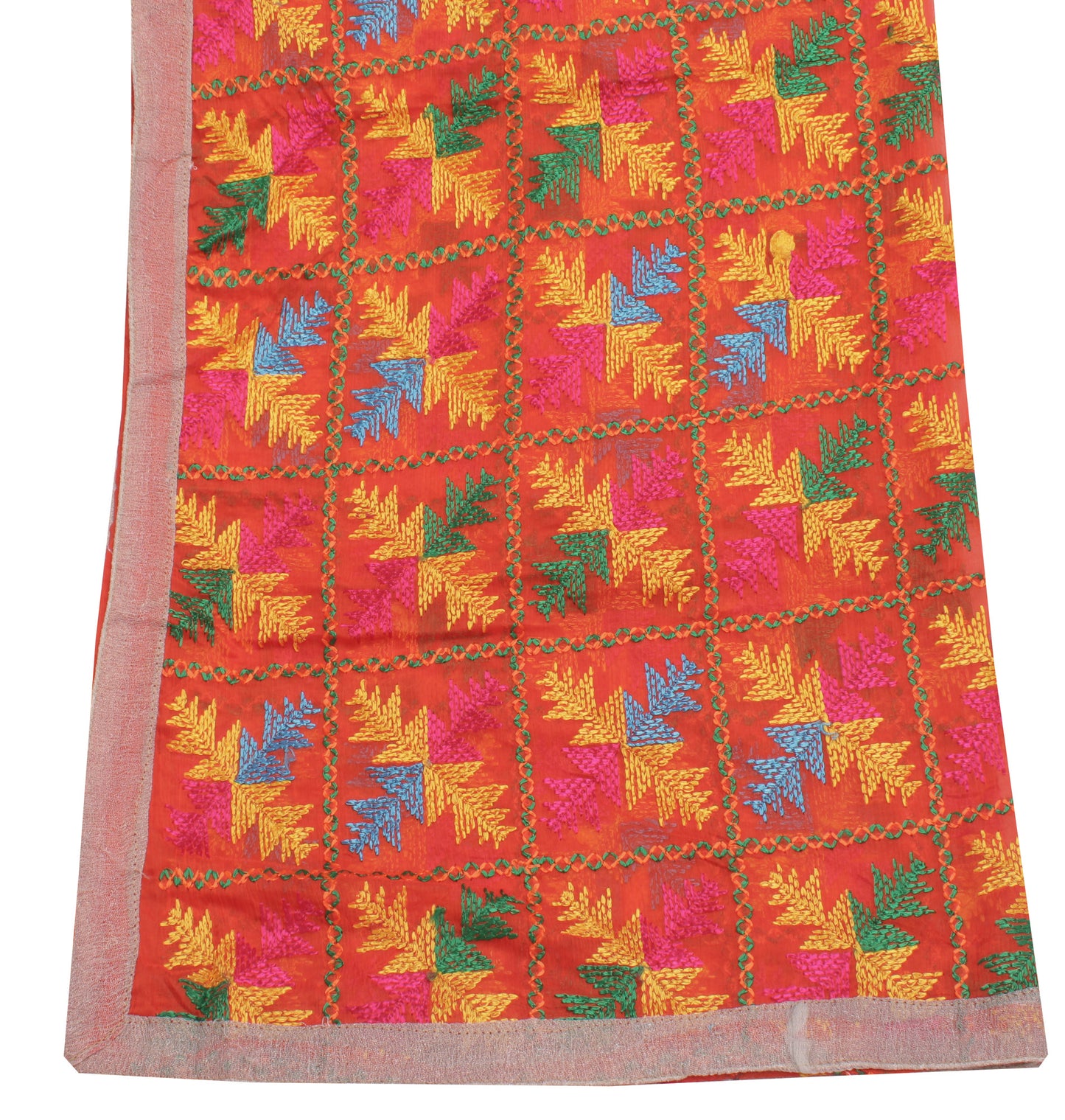 Sushila Vintage Orange Dupatta Blend Chiffon Phulkari Embroidered Long Stole