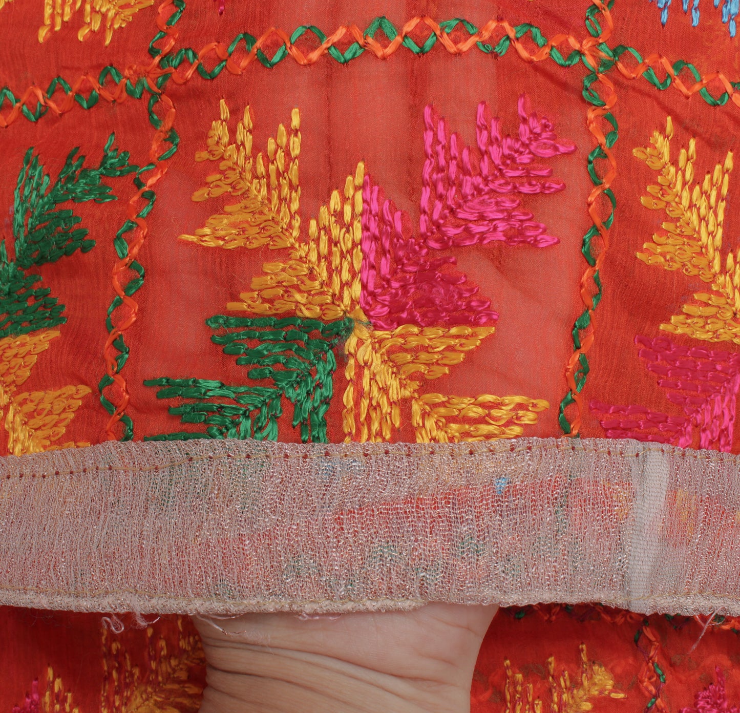 Sushila Vintage Orange Dupatta Blend Chiffon Phulkari Embroidered Long Stole