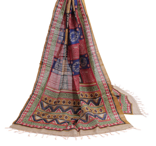 Sushila Vintage Multi-Color Indian Dupatta 100% Pure Silk Printed Long Stole